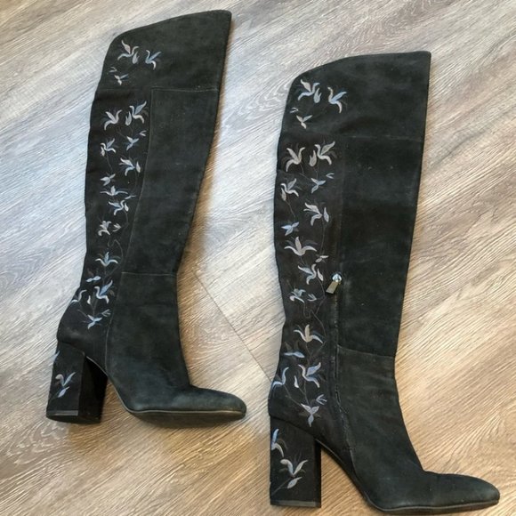 Kenneth Cole Reaction Black Over the Knee Boots with Floral Design - Picture 3 of 9